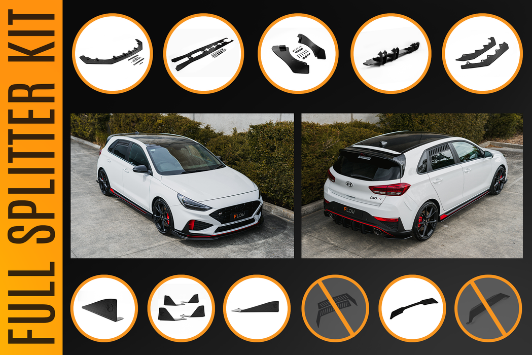 i30N Hatch PDE V6 FL2 2025 Full Lip Splitter Set-Flow Designs