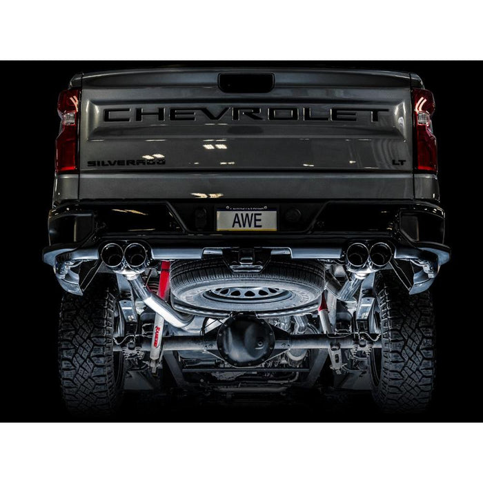 AWE 4th Gen GM 1500 6.2L 0FG Catback Split Rear Exit (w/ Bumper Cutouts) - Quad Chrome Tips