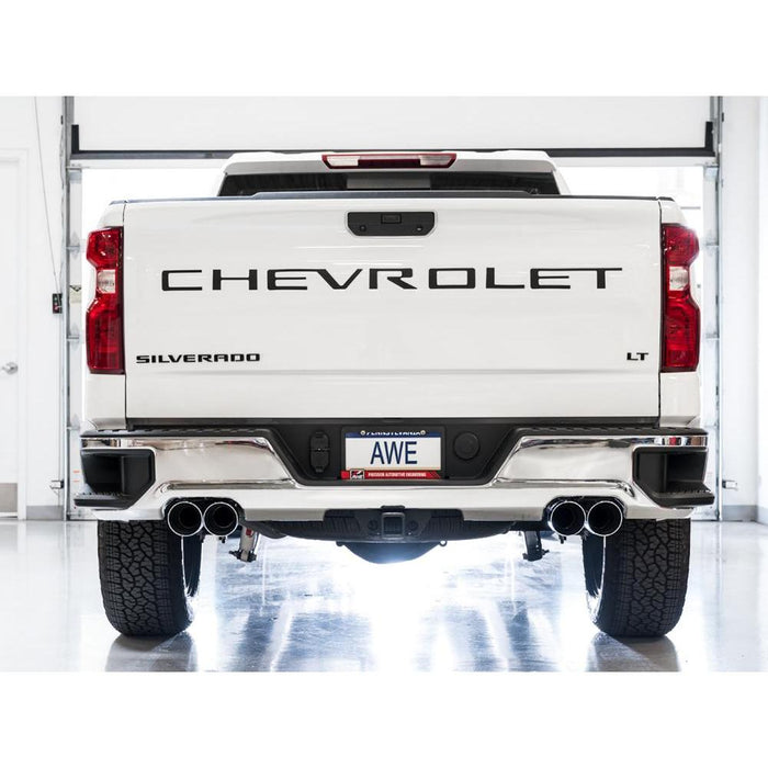 AWE 0FG Catback Split Rear Exit Exhaust for 4th Gen Silverado/Sierra 1500 5.3L (With Bumper Cutouts) - Quad Chrome Silver Tips