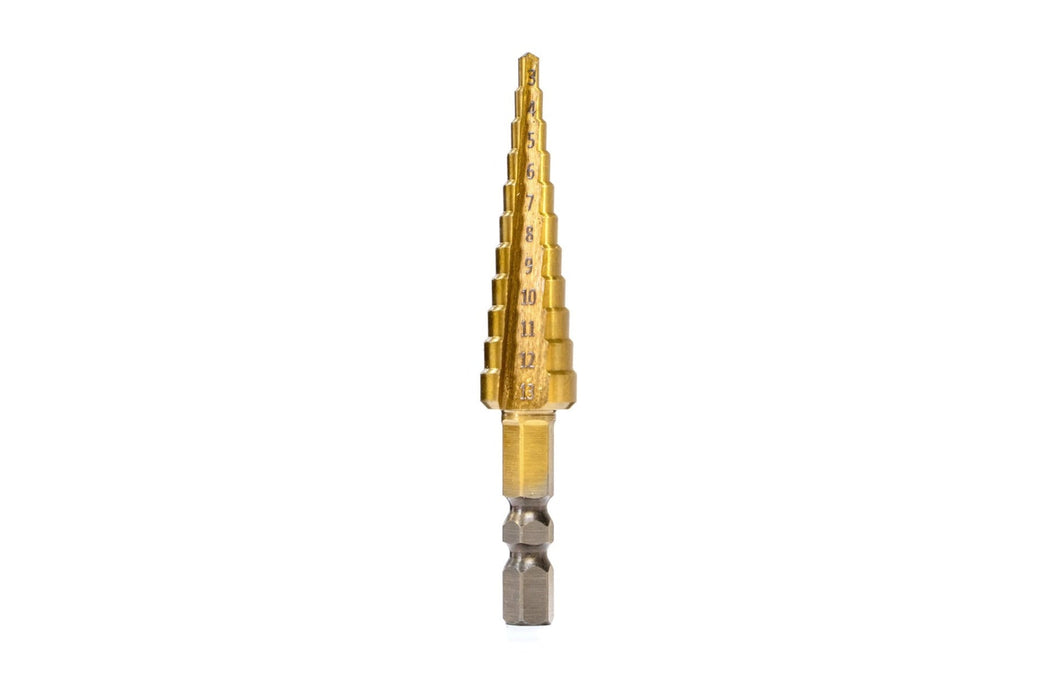 Metric Step Drill Bit : HSS Titanium Coated 3mm – 13mm-Flow Designs