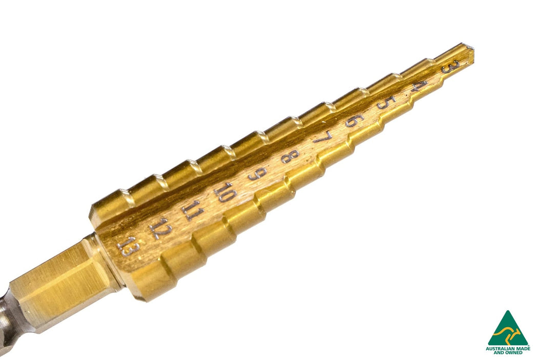 Metric Step Drill Bit : HSS Titanium Coated 3mm – 13mm-Flow Designs
