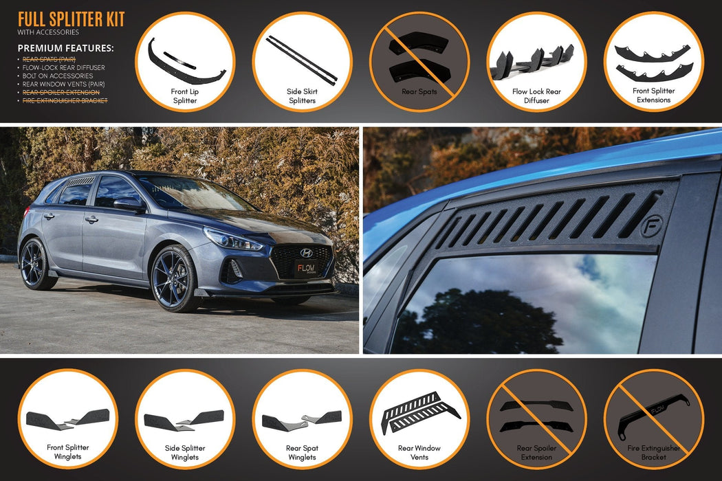 i30 Hatch PD1, PD2 2018-2020 Full Lip Splitter Set with Flow-Lock Rear Diffuser-Flow Designs