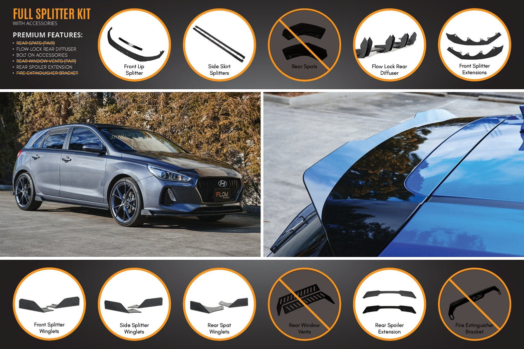 i30 Hatch PD1, PD2 2018-2020 Full Lip Splitter Set with Flow-Lock Rear Diffuser-Flow Designs