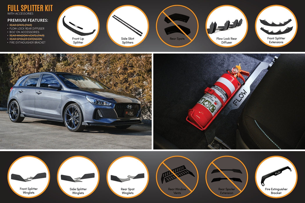 i30 Hatch PD1, PD2 2018-2020 Full Lip Splitter Set with Flow-Lock Rear Diffuser-Flow Designs