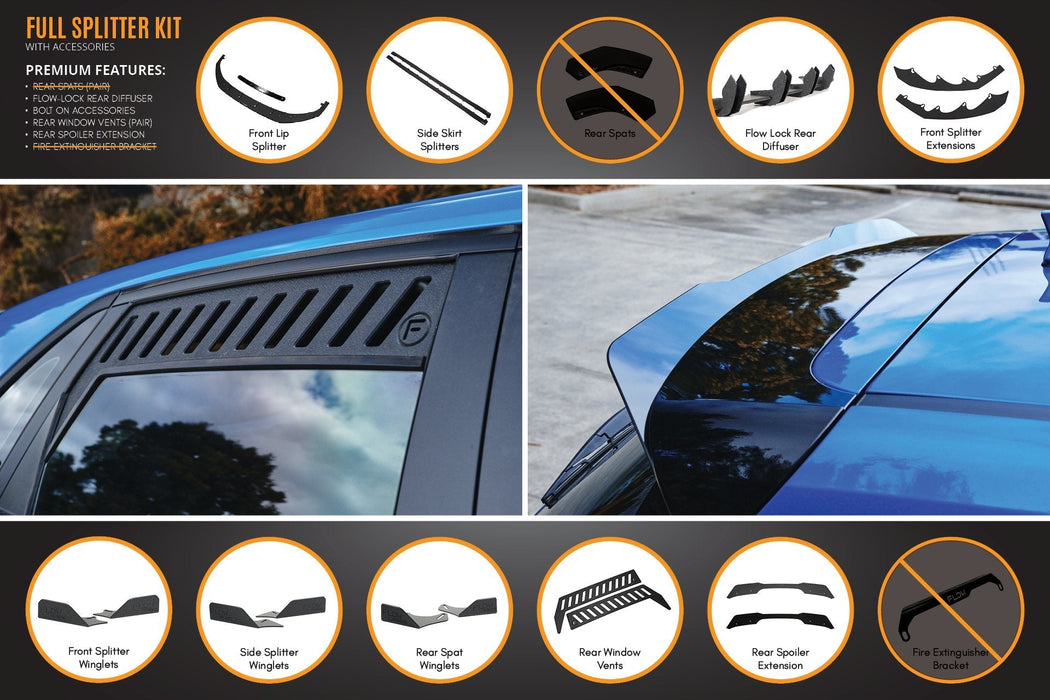 i30 Hatch PD1, PD2 2018-2020 Full Lip Splitter Set with Flow-Lock Rear Diffuser-Flow Designs