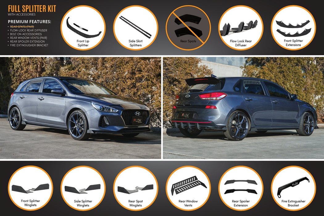 i30 Hatch PD1, PD2 2018-2020 Full Lip Splitter Set with Flow-Lock Rear Diffuser-Flow Designs