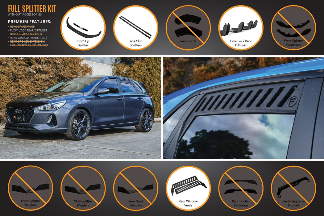 i30 Hatch PD1, PD2 2018-2020 Full Lip Splitter Set with Flow-Lock Rear Diffuser-Flow Designs