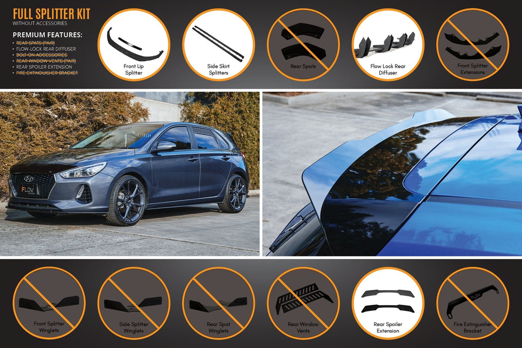 i30 Hatch PD1, PD2 2018-2020 Full Lip Splitter Set with Flow-Lock Rear Diffuser-Flow Designs