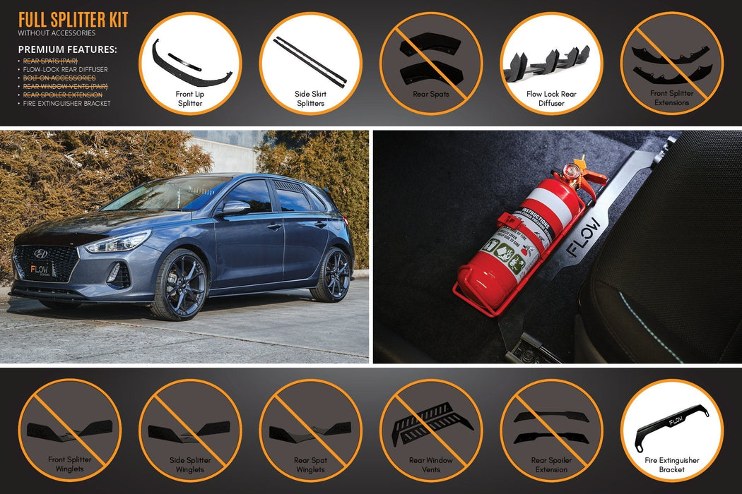 i30 Hatch PD1, PD2 2018-2020 Full Lip Splitter Set with Flow-Lock Rear Diffuser-Flow Designs