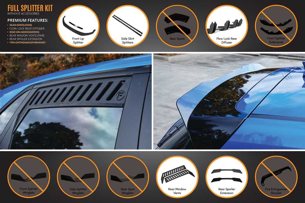 i30 Hatch PD1, PD2 2018-2020 Full Lip Splitter Set with Flow-Lock Rear Diffuser-Flow Designs
