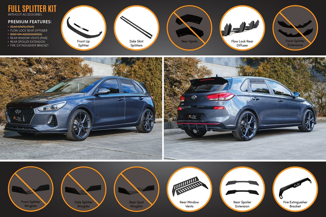 i30 Hatch PD1, PD2 2018-2020 Full Lip Splitter Set with Flow-Lock Rear Diffuser-Flow Designs