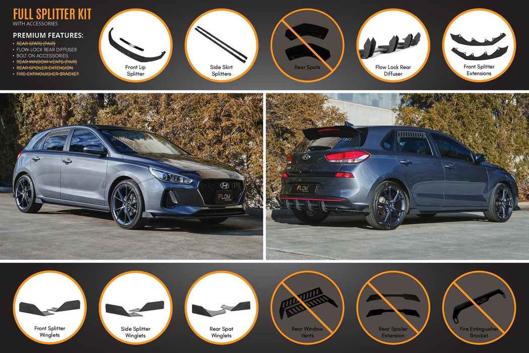 i30 Hatch PD1, PD2 2018-2020 Full Lip Splitter Set with Flow-Lock Rear Diffuser-Flow Designs