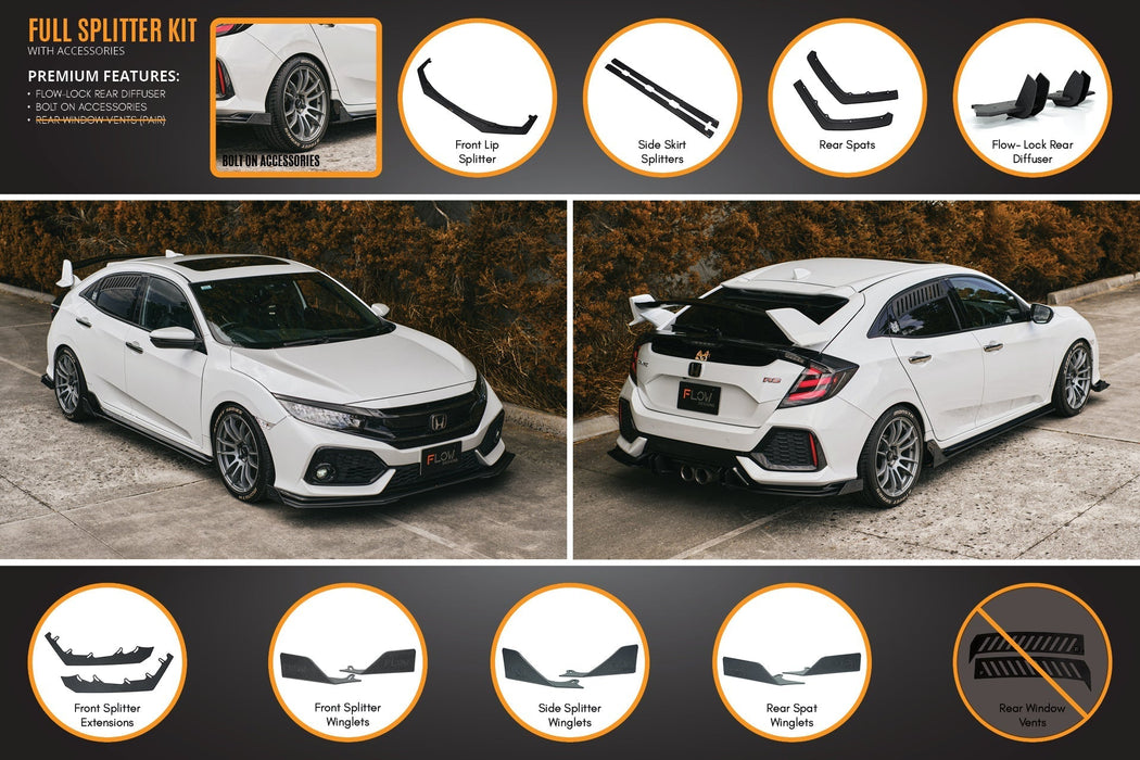 FK4/FK7 Civic RS Hatch PFL Full Lip Splitter Set-Flow Designs