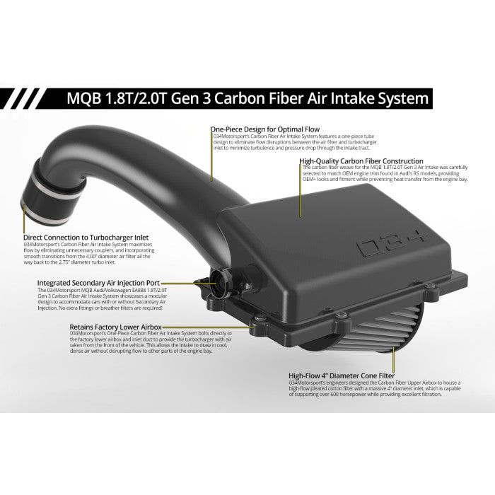 X34 Carbon Fiber MQB Cold Air Intake System, 8V Audi A3/S3/TT/TTS & MkVII VW Golf/GTI/R & MkVII VW GLI, 1.8T/2.0T Gen 3